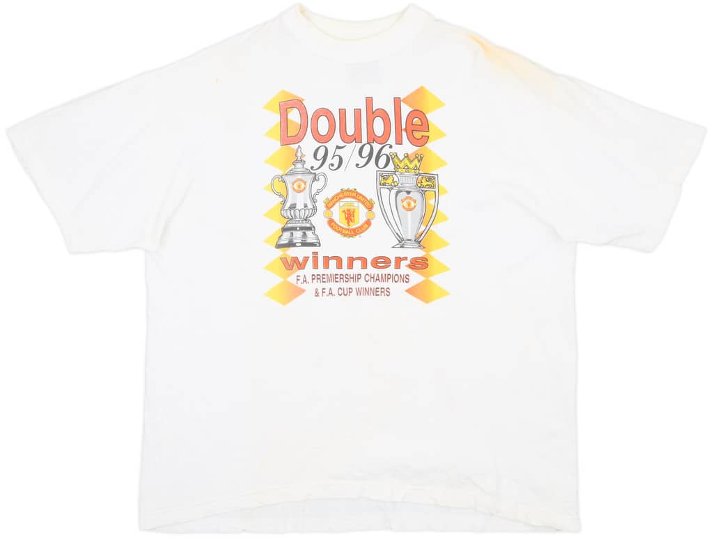 1995-96 Manchester United 'Double' Graphic Tee - 5/10 - (XXL)