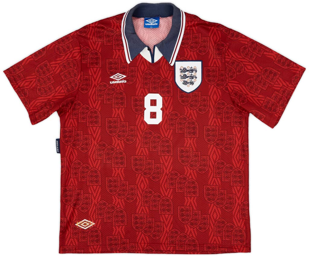 1993-95 England Away Shirt Gascoigne #8 - 9/10 - (XXL)