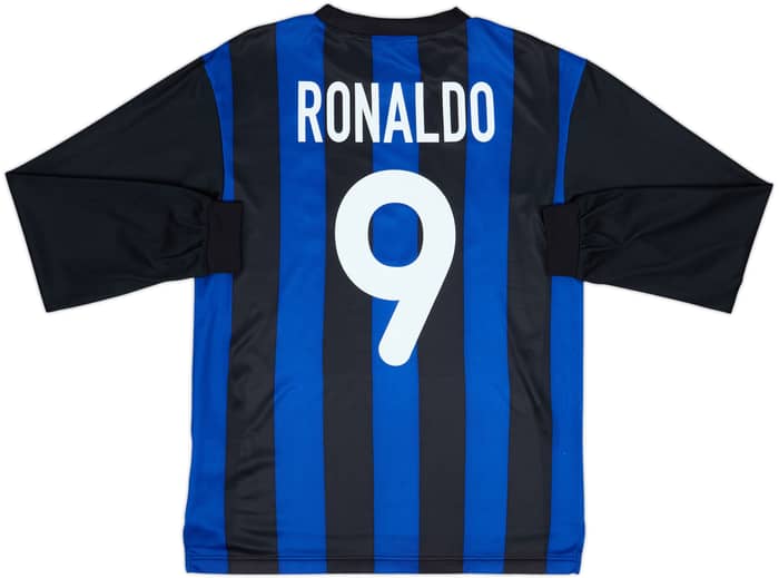 Camiseta de local de manga larga básica firmada del Inter Milan 2000-01 Ronaldo #9 - 5/10 - (XL Niños)