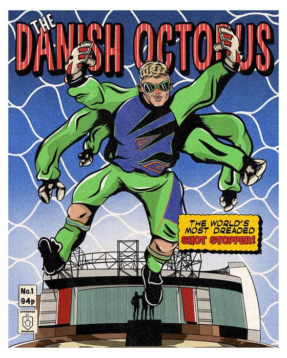 1994-96 Peter Schmeichel 'The Danish Octopus' Comic Book Superheroes A3 Print/Poster