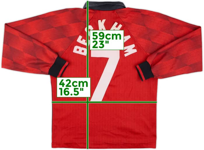 1996-98 Manchester United Home L/S Shirt Beckham #7 - 5/10 - (L.Boys)