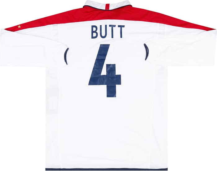 2003 England Match Worn Home L/S Shirt Butt #4 (v Denmark)