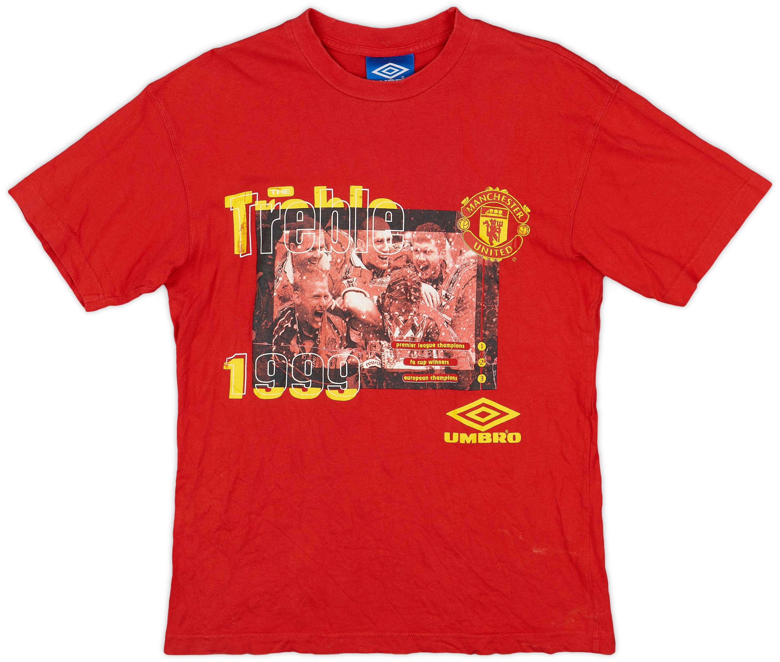 新品 1999 Umbro Manchester United TREBLE T 1999 Manchester United 'Treble Winners' Umbro Cotton Tee (S)