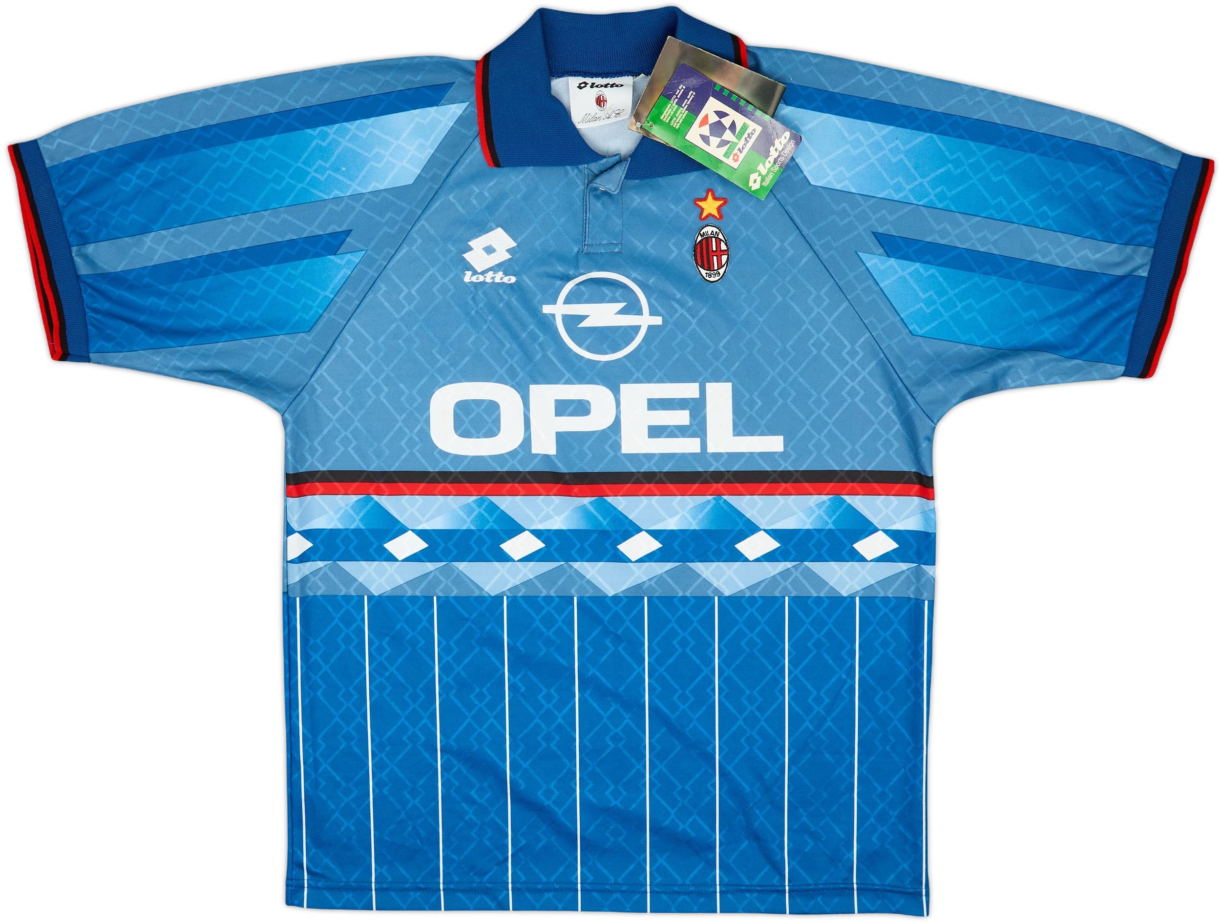 激レア Lotto ACミラン 95-96 4thユニフォーム 青 Lotto AC Milan 1995-96 Replica Fake Vintage Opel Football Soccer