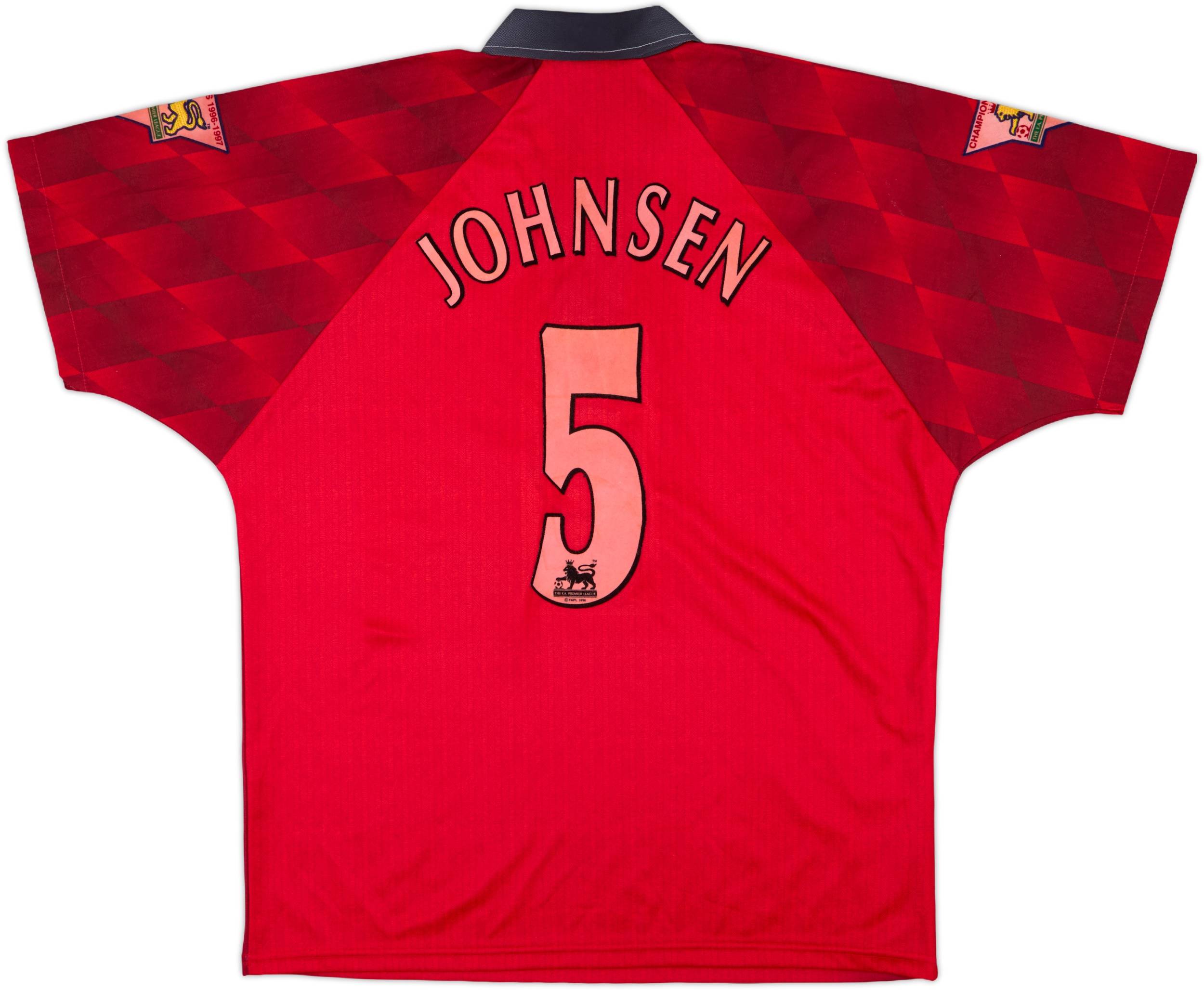 1996-98 Manchester United Home Shirt Johnsen #5 - 7/10 - (M)