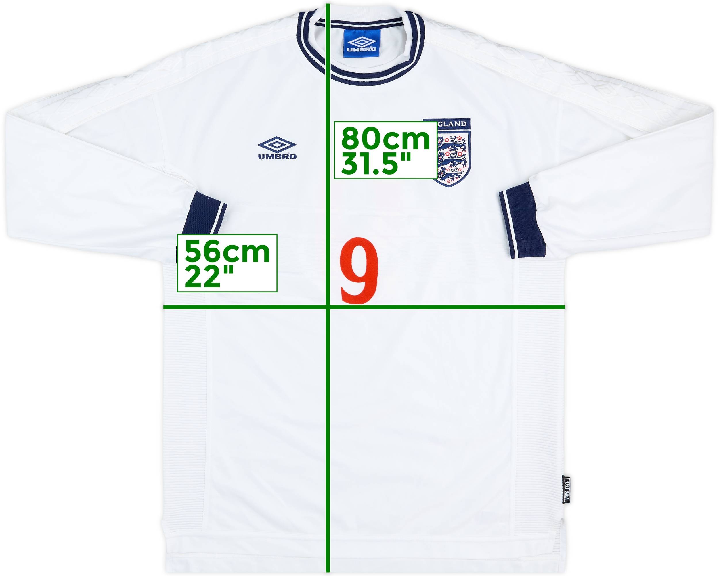 1999-01 England Home L/S Shirt #9 - 8/10 - (XL)