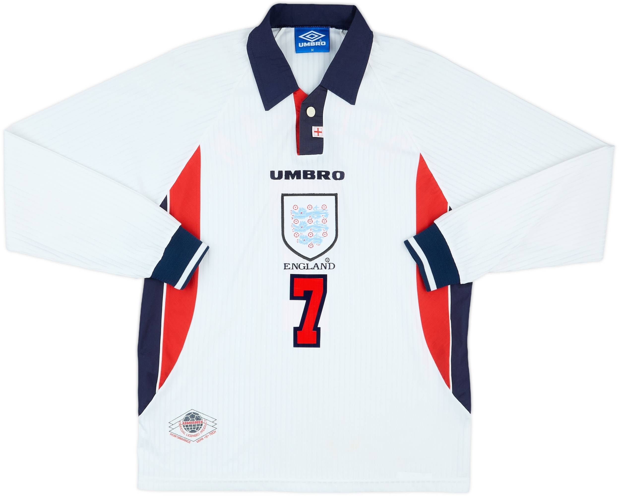 1997-99 England Home L/S Shirt Beckham #7 - 8/10 - (M)