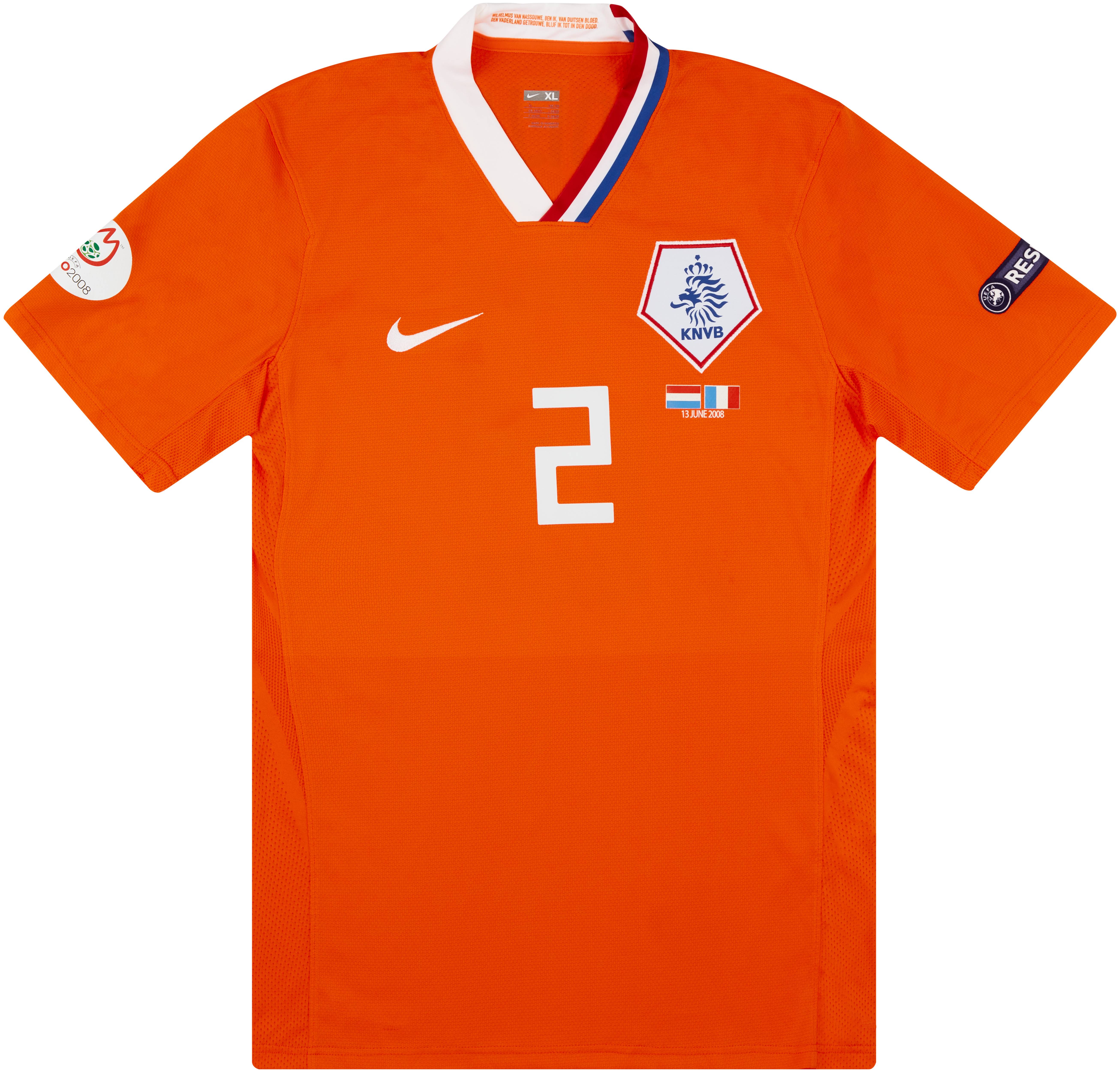 2008 Netherlands Match Issue European Championship Home Shirt Ooijer #2 (v France)