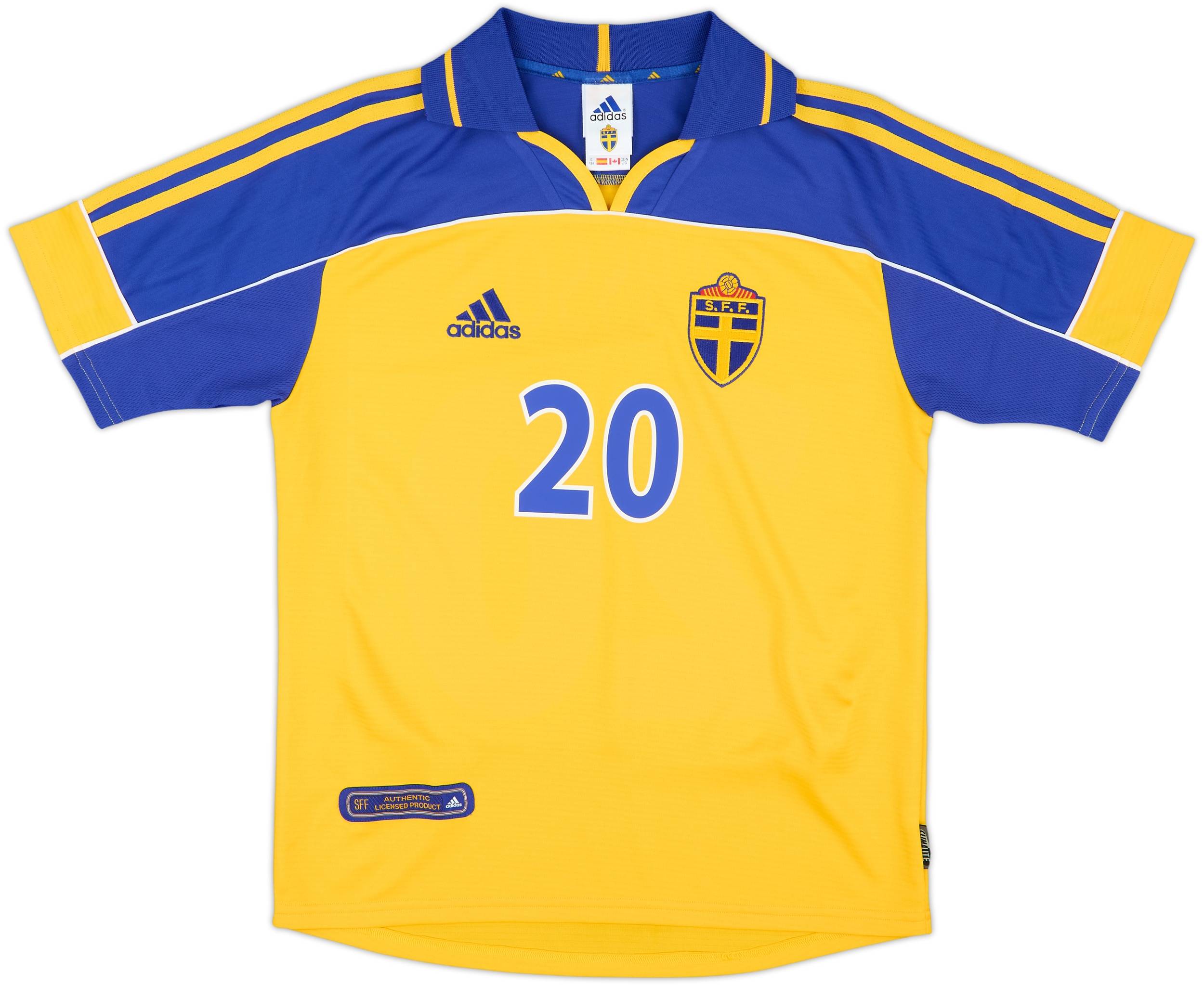 スウェーデン　00 ホーム　ユニフォーム　ユーロ2000 ラーション 2000-02 Sweden Home Shirt Larsson #20 - 10/10 - (L.Boys)