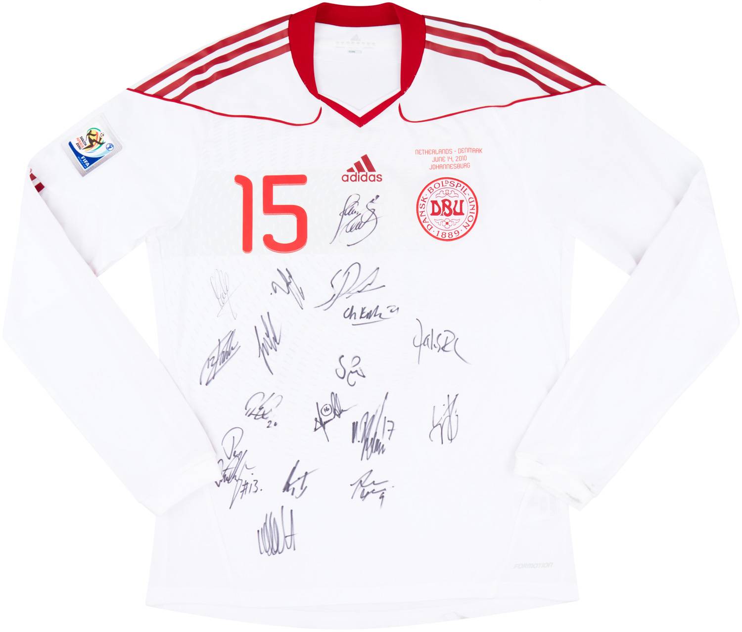 2010 Denmark Match Issue World Cup Signed Home L/S Shirt S.B. Poulsen #15 (v Netherlands)