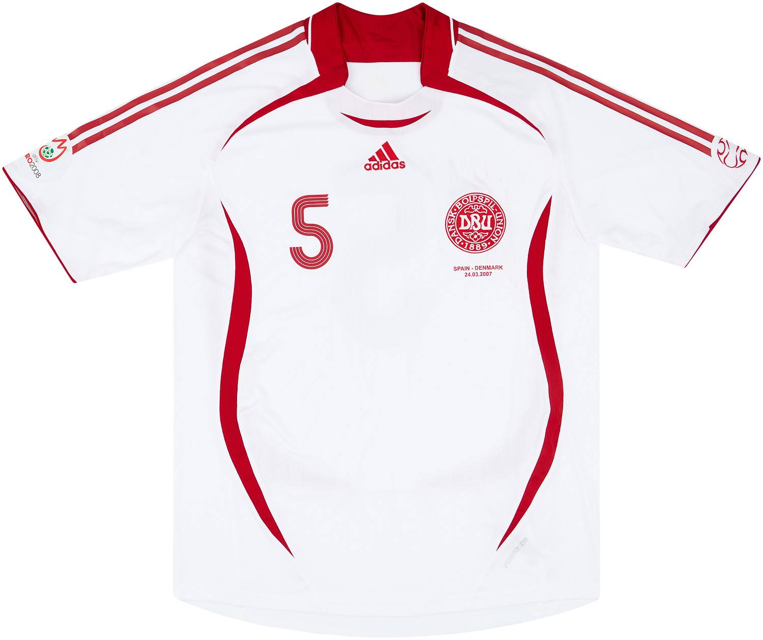 2007 Denmark Match Worn Away Shirt #5 (Jensen) v Spain