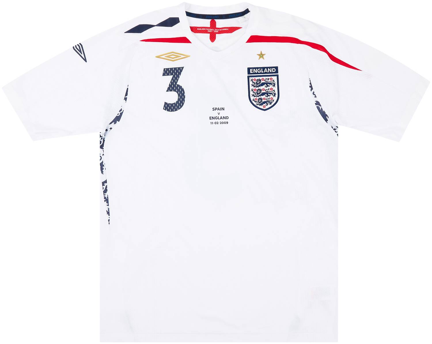 2009 England Match Issue Signed Home Shirt A.Cole #3 (v Spain)