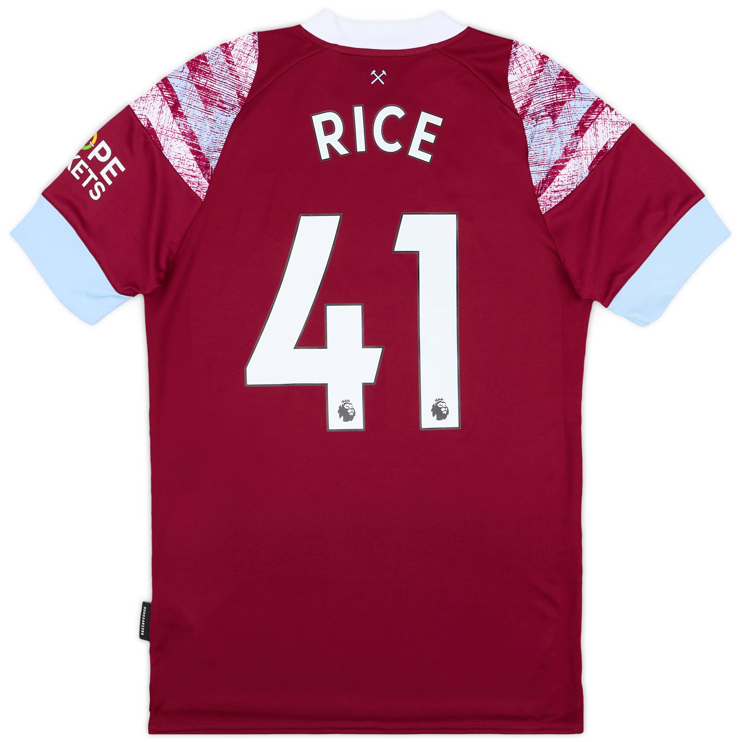 ウェストハムユナイテッド ライス 41 2022/23シーズンホームユニフォーム 2022-23 West Ham Home Shirt Rice #41 - As New
