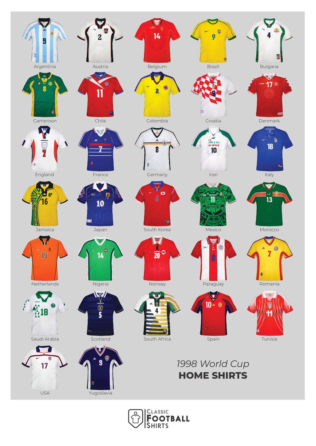 1998 World Cup Home Shirts A3 Poster/Print
