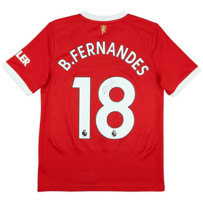 2021-22 Manchester United Signed Home Shirt B.Fernandes #18 - 8/10 - (L.Boys)