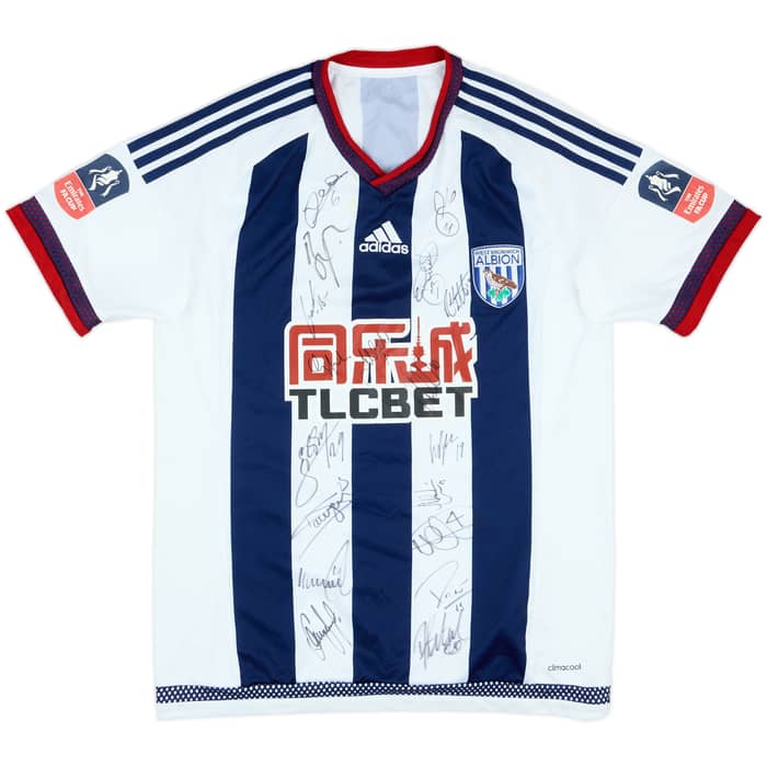 2015-16 West Brom Match Issue Squad Signed FA Cup Home Shirt Berahino #18