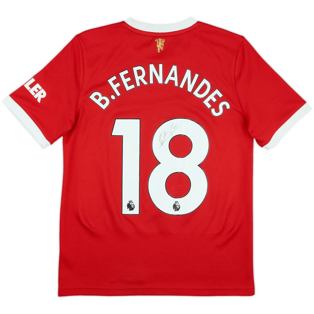 2021-22 Manchester United Signed Home Shirt B.Fernandes #18 - 8/10 - (L.Boys)