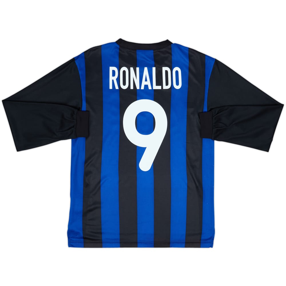 Camiseta de local de manga larga básica firmada del Inter Milan 2000-01 Ronaldo #9 - 5/10 - (XL Niños)