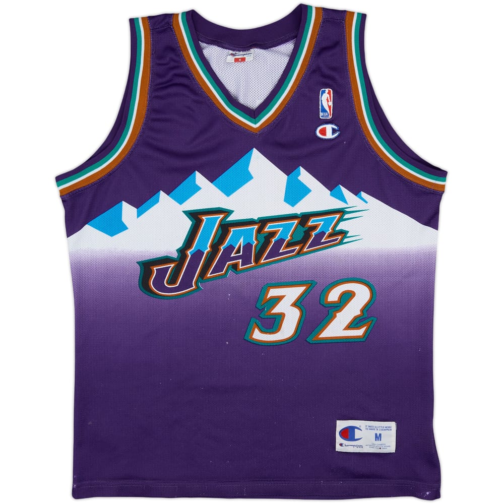 1996-03 Utah Jazz Malone #32 Champion Home Jersey - 8/10 - (M)