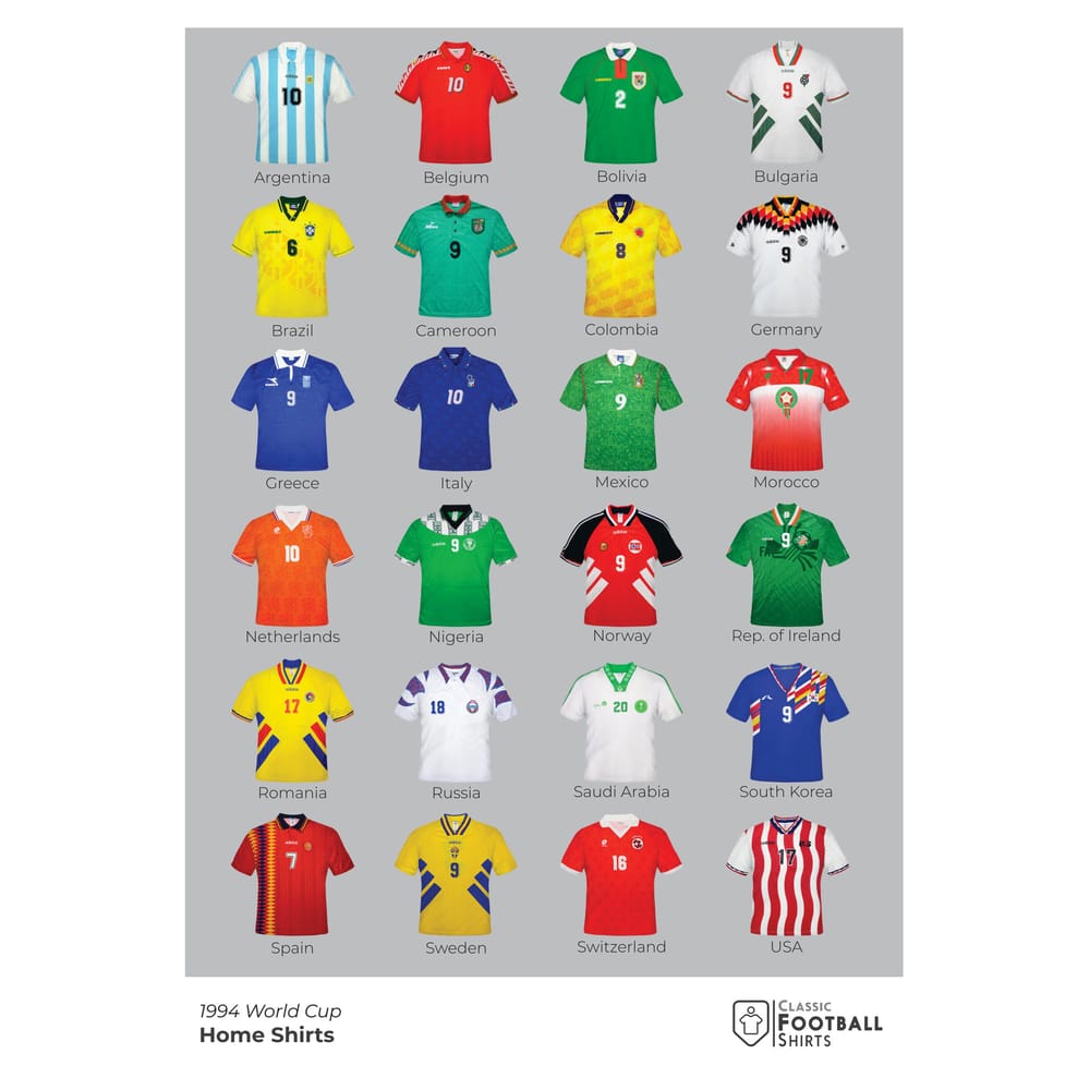 1994 World Cup Home Shirts A3 Poster/Print