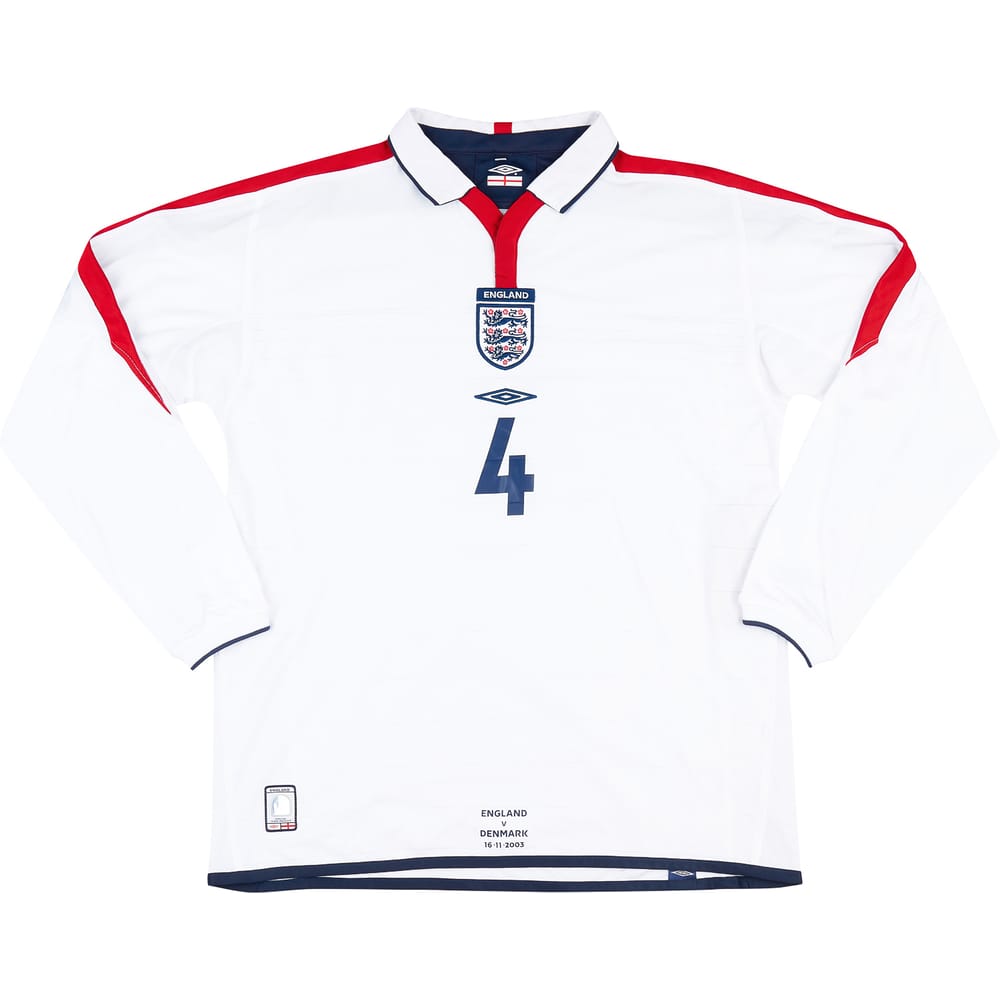 2003 England Match Worn Home L/S Shirt Butt #4 (v Denmark)