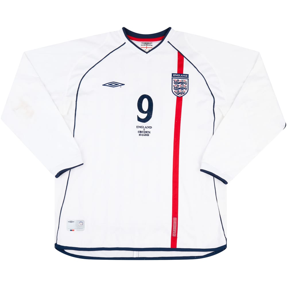 2001 England Match Worn Home L/S Shirt Heskey #9 (v Sweden)
