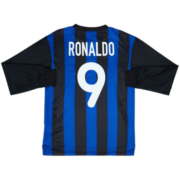 Camiseta de local de manga larga básica firmada del Inter Milan 2000-01 Ronaldo #9 - 5/10 - (XL Niños)