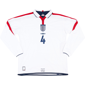2003 England Match Worn Home L/S Shirt Butt #4 (v Denmark)