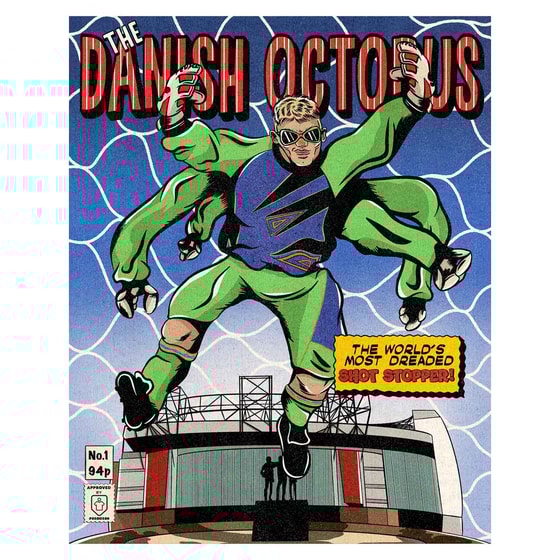 1994-96 Peter Schmeichel 'The Danish Octopus' Comic Book Superheroes A3 Print/Poster